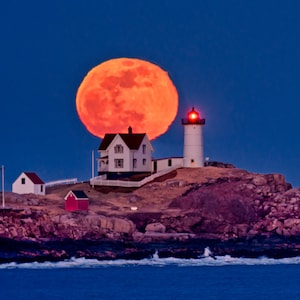 Moon rising over Nubble Lighthouse Photo Print - Maine Lighthouse Wall Art | York Maine | Canvas, Framed Photo, Metal