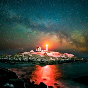 Milky Way Rising Over Nubble Lighthouse - York Maine - Wall Art | New England Lighthouses | Canvas Print, Photo Paper, Framed Photo, Metal