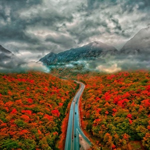 White Mountains New Hampshire - Franconia Notch - Fall Foliage & Morning Fog over I-93 Highway Interstate - Canvas/Photo/Metal/Framed Print