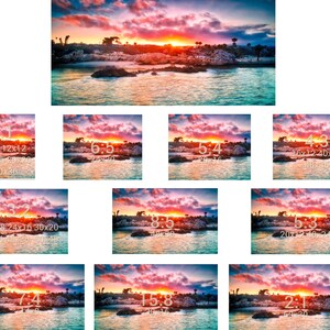 May include: A scenic sunset over a tropical beach with rocky outcrops and palm trees. The sky is a vibrant mix of pink, orange, and purple hues. The water is a clear turquoise blue.