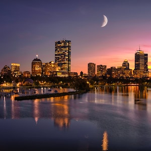 Boston Skyline photo print Wall Art - Charles River Landscape Photography - Crescent moon - Wall Decor, Canvas Print, Framed Picture, Metal