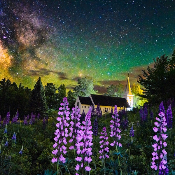 New Hampshire Art - Lupines, church and Starry night - Milky Way shot at Sugar Hill NH - SpringFlowers - White mountains Art - New England