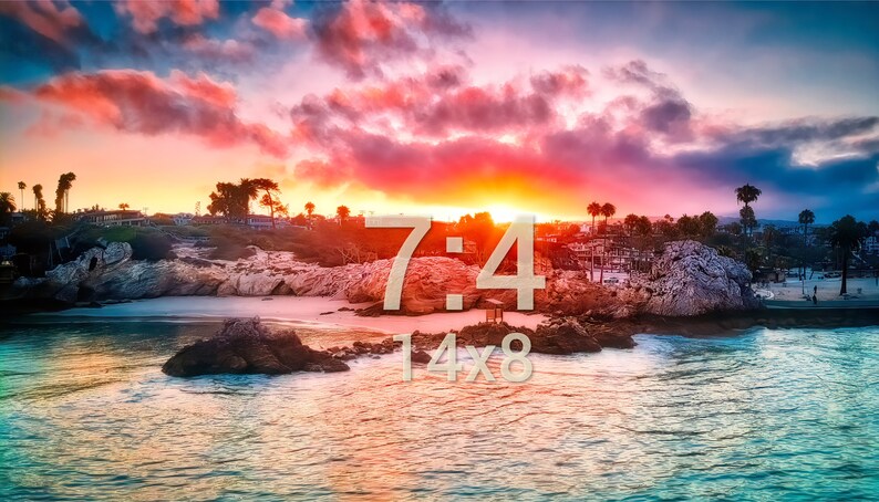 May include: A scenic sunset over a beach with rocky outcrops and palm trees. The sky is a vibrant mix of pink, orange, and blue. The text "7:4 14x8" is superimposed on the image.