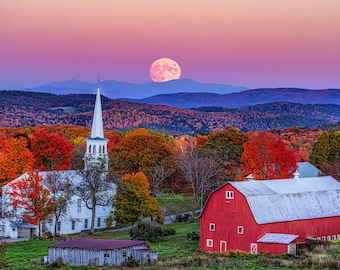 Vermont Wall Art - Fall Moonrise over Church & Red Barn - Foliage Colors | Wall Decor| New England VT Fall | Canvas | Photo Paper | Framed
