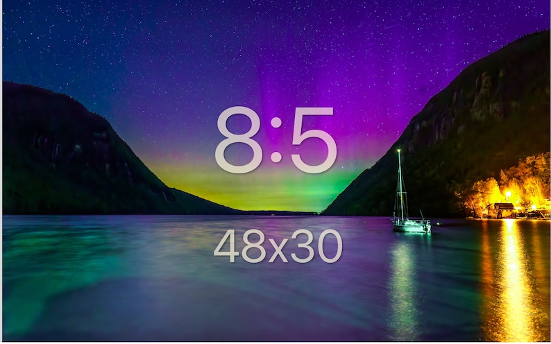 May include: A scenic landscape featuring a lake with a sailboat under a vibrant night sky. The sky displays a colorful aurora borealis with shades of purple, green, and blue. The image includes the text "8:5" and "48x30".