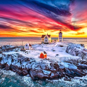 Maine Nubble Lighthouse - Wall Art Photo Print - Holiday Lights  | Cape Naddick Light | York Maine | Canvas Print, Framed Photo, Metal