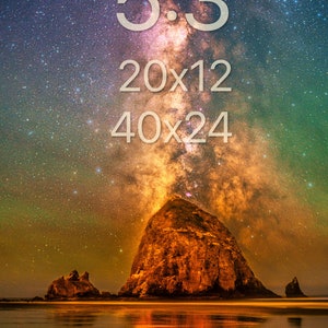May include: A photograph of a large rock formation on a beach under a vibrant night sky filled with stars and the Milky Way galaxy. The text 5:3, 20x12, and 40x24 is overlaid in white. The scene features warm orange and cool blue tones.