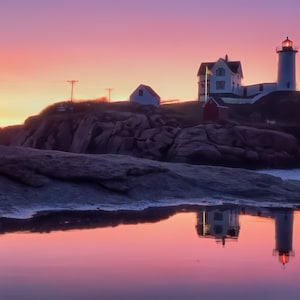 Maine Nubble Lighthouse in Sunrise Wall Art | New England Lighthouses | York Maine | Canvas Print, Photo Paper, Framed Photo or Metal