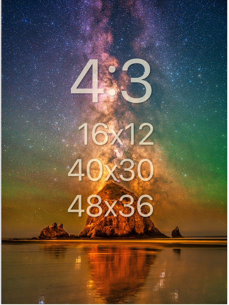 May include: A photographic print of a large rock formation on a beach under a vibrant night sky filled with stars and the Milky Way. The image features the text 4:3, 16x12, 40x30, and 48x36 in white font centred over the landscape.