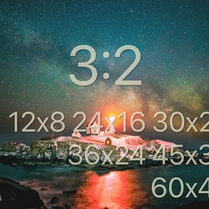 May include: A lighthouse on a rocky island with a starry night sky and the Milky Way visible. The text "3:2" is displayed in the center of the image, and below it are various aspect ratios: 12x8, 24x16, 30x20, 36x24, 45x30, and 60x40.