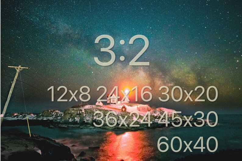 May include: A lighthouse on a rocky island with a starry night sky and the Milky Way visible. The text "3:2" is displayed in the center of the image, and below it are various aspect ratios: 12x8, 24x16, 30x20, 36x24, 45x30, and 60x40.