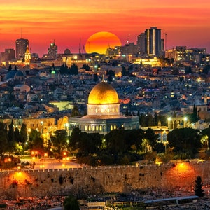 Jerusalem Art - Old City walls, Temple Mount & dome of the rock Sunset - Jerusalem Wall Art - Holy Land Art - Jerusalem Canvas, Photo Print