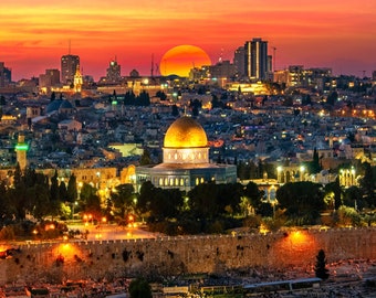 Jerusalem Art - Old City walls, Temple Mount & dome of the rock Sunset - Jerusalem Wall Art - Holy Land Art - Jerusalem Canvas, Photo Print