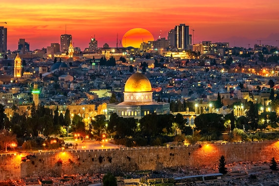Jerusalem Art - Old City walls, Temple Mount & dome of the rock Sunset - Jerusalem Wall Art - Holy Land Art - Jerusalem Canvas, Photo Print