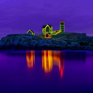 Maine Nubble Lighthouse Photo Print with Holiday Lights | New England Lighthouses | York Maine - Photo, Canvas, Metal, Acrylic, Puzzle