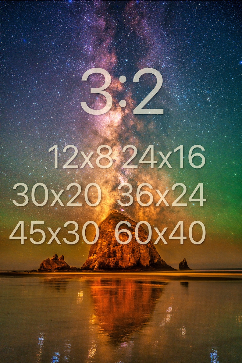 May include: A photograph of a large rock formation on a beach at night under a starry sky with the Milky Way galaxy visible. The text 3:2, 12x8, 24x16, 30x20, 36x24, 45x30, and 60x40 is overlaid in white, indicating aspect ratio and dimensions in inches.