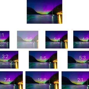 May include: A digital art print showcasing a vibrant aurora borealis over a calm body of water, with a sailboat. The image is presented in various aspect ratios, including 1:1, 6:5, 5:4, 4:3, 3:2, 8:5, 5:3, 7:4, 15:8, and 2:1, with dimensions in inches.