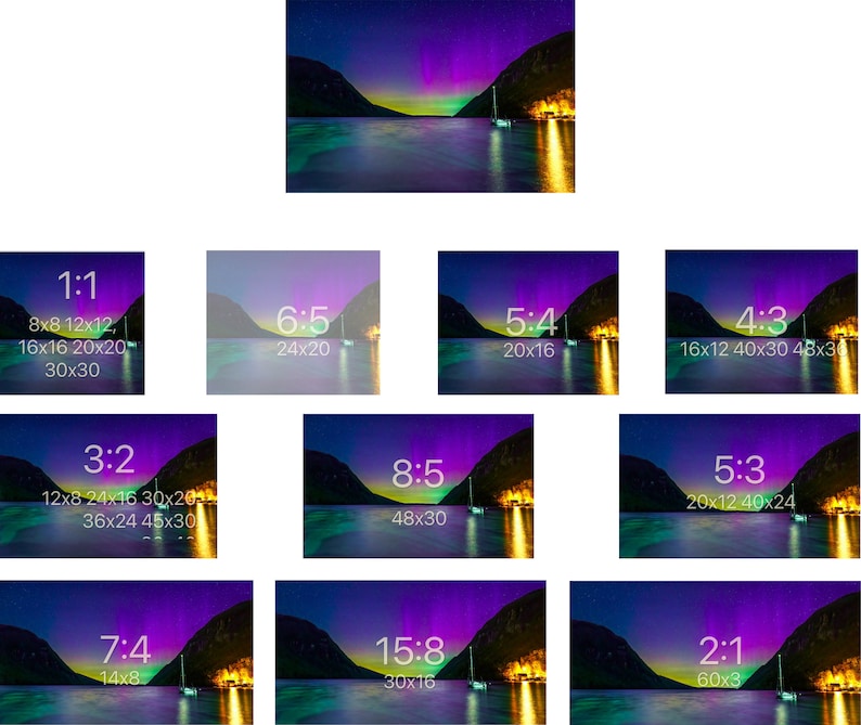 May include: A digital art print showcasing a vibrant aurora borealis over a calm body of water, with a sailboat. The image is presented in various aspect ratios, including 1:1, 6:5, 5:4, 4:3, 3:2, 8:5, 5:3, 7:4, 15:8, and 2:1, with dimensions in inches.
