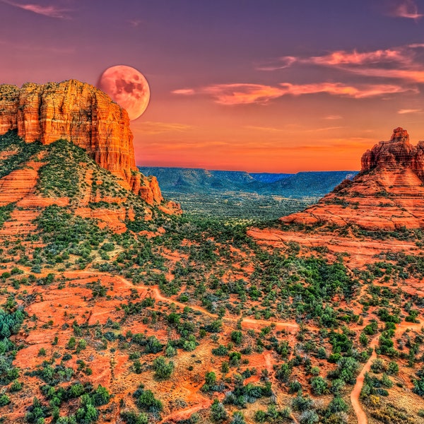 Sedona Sunset and Moon rise | Arizona Sunset Sky | Courthouse Butte & Bell Rock | AZ | Canvas Print | Framed Picture | Metal | Photo Print