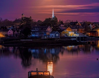 Portsmouth NH Photo Print - New Hampshire North Church with Full Moon and a boat - Canvas, Metal, Framed Print