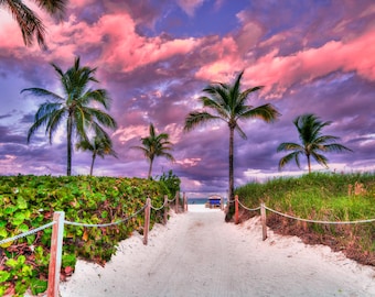 Miami Beach Sunset Photo Print, Florida Coastal Wall Art, Beach Scene with Palm Trees