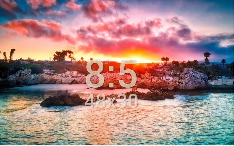 May include: A scenic sunset over a rocky beach with a bright orange sky and clouds. The text "8:5 48x30" is superimposed on the image.