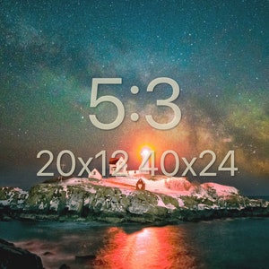 May include: A lighthouse on a rocky island with the Milky Way visible in the night sky. The text "5:3 20x12 40x24" is superimposed on the image.