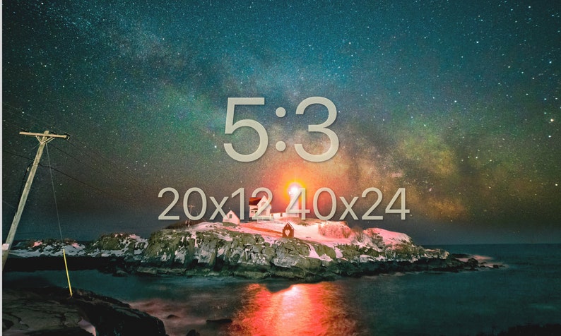 May include: A lighthouse on a rocky island with the Milky Way visible in the night sky. The text "5:3 20x12 40x24" is superimposed on the image.