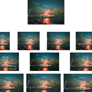 May include: A collection of different aspect ratios for displaying images, with a lighthouse and starry sky in the background. The ratios are 1:1, 3:2, 4:3, 5:4, 5:3, 6:5, 7:4, 8:5, 15:8, and 2:1.