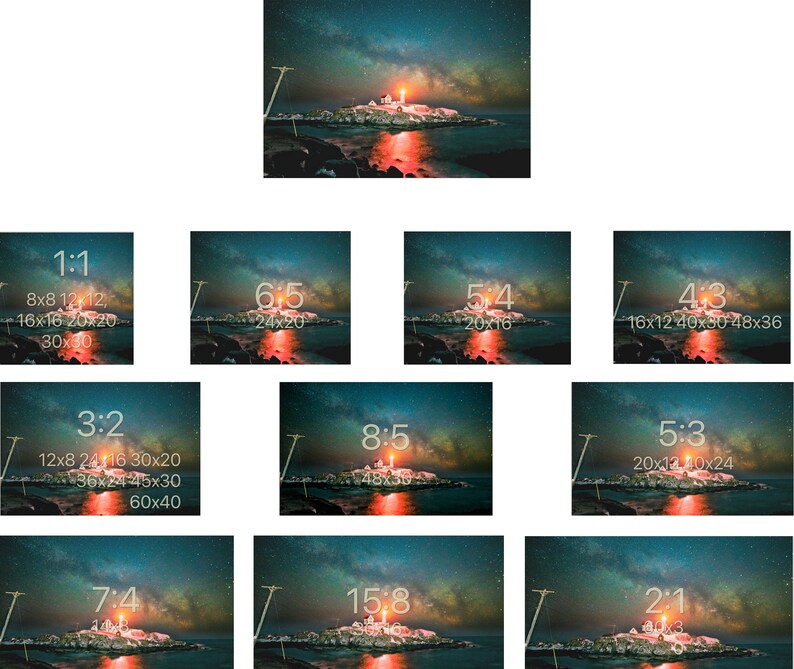 May include: A collection of different aspect ratios for displaying images, with a lighthouse and starry sky in the background. The ratios are 1:1, 3:2, 4:3, 5:4, 5:3, 6:5, 7:4, 8:5, 15:8, and 2:1.