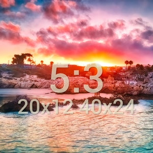 May include: A scenic sunset over a rocky beach with palm trees and a bright orange sky. The text "5:3 20x12 40x24" is superimposed on the image.