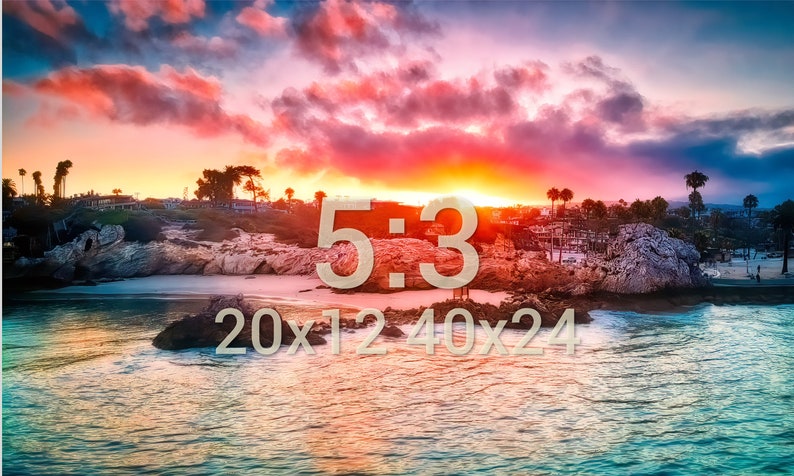 May include: A scenic sunset over a rocky beach with palm trees and a bright orange sky. The text "5:3 20x12 40x24" is superimposed on the image.