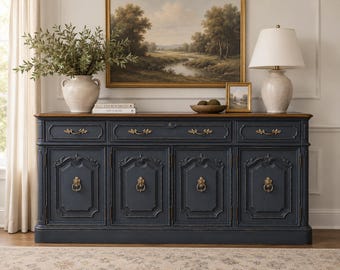 Vintage Thomasville Navy Blue Sideboard Buffet Cabinet | Refinished French Provincial Credenza | Solid Wood Storage Console