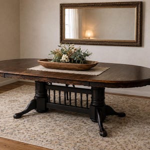 May include: An oval dining table with a dark brown wooden top and a black pedestal base featuring spindle supports and curved legs. A long, shallow wooden bowl filled with dried flowers and greenery sits on a rectangular runner on the table surface.