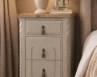 Vintage Sage Green Nightstand | Hand Painted Cottage Side Table | Solid Wood Bedside Table with Carved Details | One of a Kind Furniture