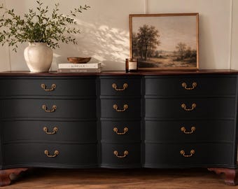 Solid Mahogany Matte Black Dresser | Curved Vintage Triple Dresser | Walnut Top & Brass Hardware | Refinished Statement Bedroom Furniture