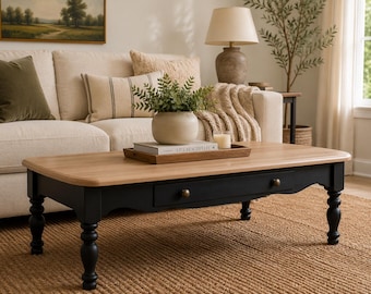 Vintage Solid Maple Coffee Table | Matte Black & Neutral Washed Wood | Refinished Farmhouse Coffee Table with Drawer
