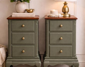 Vintage Solid Cherry Nightstands – Pair | Queen Anne Style | Rosemary Green & Warm Cherry Tops | Dovetail Drawers | Refinished Side Tables