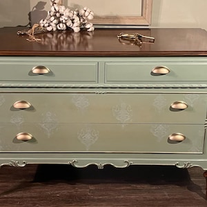 Vintage M.A. Guest Co. French Dresser mahogany Wood, Sage Green, Restored Antique Furniture