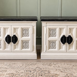 Solid Oak Nightstands Set of 2 | White Painted Nightstands with Black Stained Tops | Refinished Bedside Cabinets