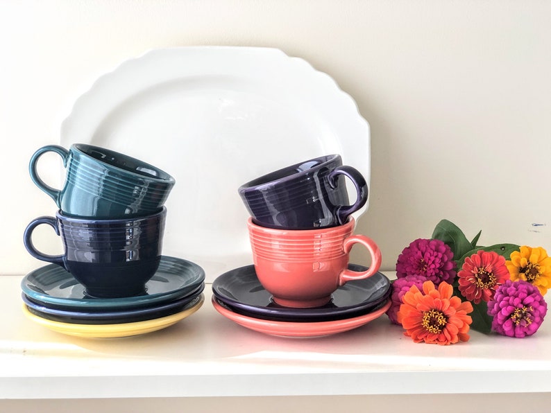 Vintage Fiestaware Cup and Saucer Set Persimmon, Cobalt, Juniper