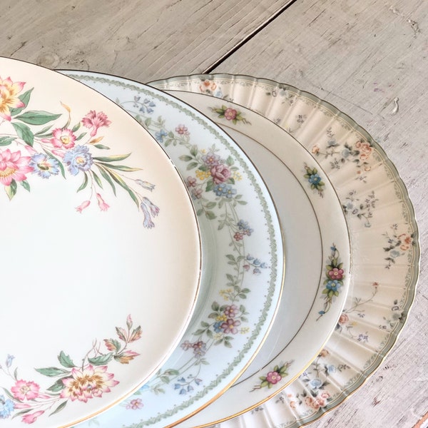 Vintage mismatched china salad/luncheon plates; set of four plates; bridal shower/wedding; shabby chic; cottage/garden party