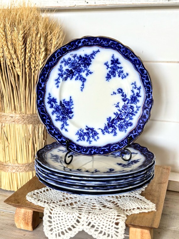 Touraine Flow Blue Dishes Antique Stanley Pottery Set of Four Plates Round Vegetable Bowl Etsy