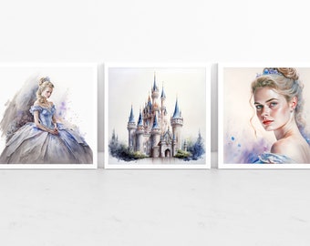 Set Of Three Princess Watercolour Prints Princess Castle Painting Girls Bedroom Decor Nursery Wall Art Girls Gift Cinderella Inspired