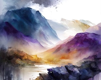 Abstract Watercolour Landscape Mountains Painting / Colourful Print /  Art Print / Wall Art