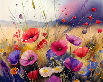 Loose Wildflowers Aquarelle Art Print / Coquelicot Aquarelle / Art mural aquarelle