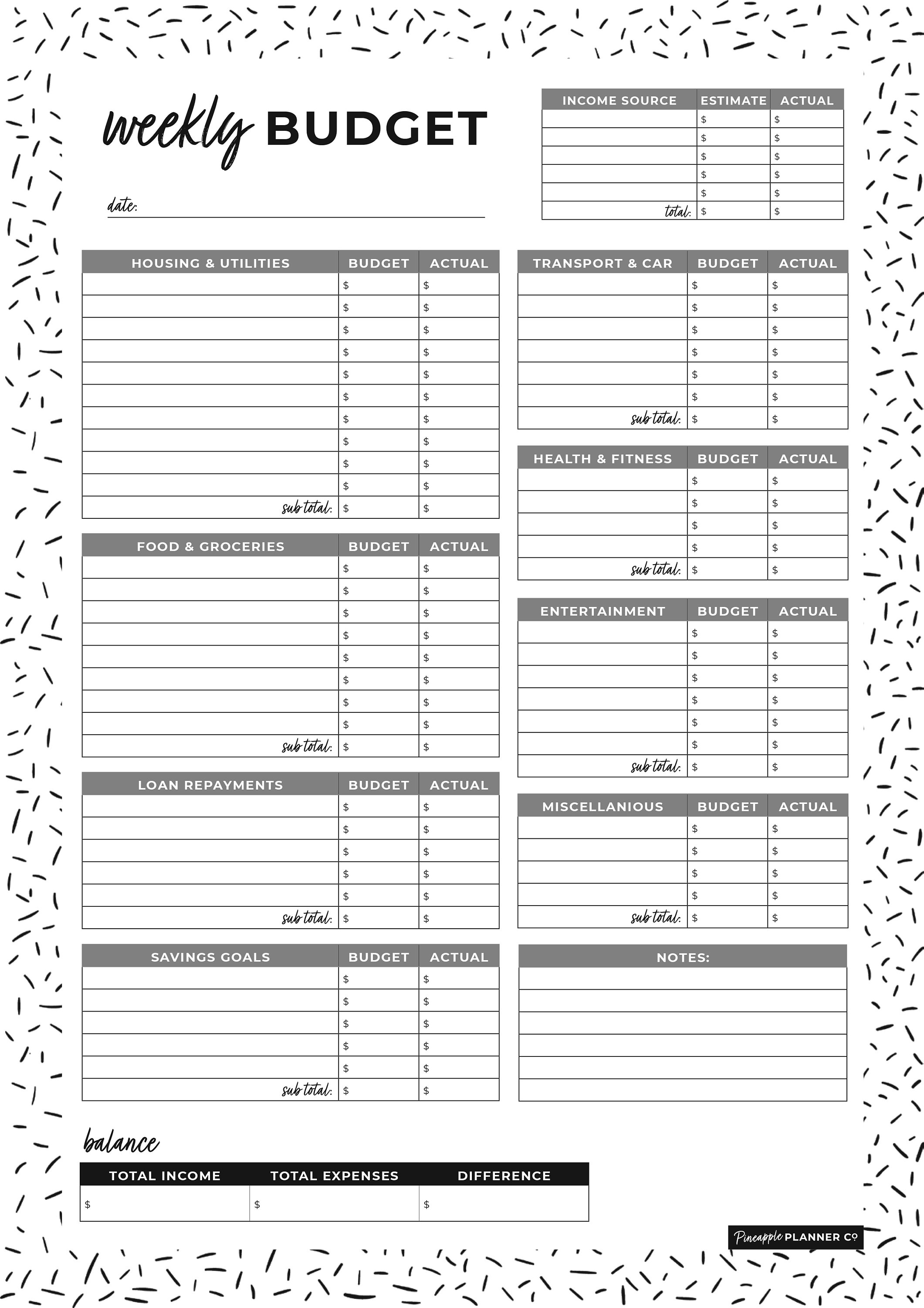 A4 Printable Weekly Budget Planner Family Budget Money Tacker Budget