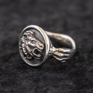 Solid Silver Lion Ring, Leo Zodiac Signet Ring, 925 Statement Ring for Men and Women by GM9jewelry