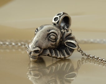 Ram Pendant, Aries Zodiac Necklace, 925 Sterling Silver