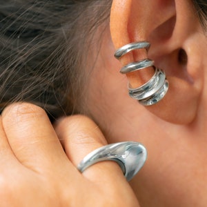 Ear Cuff No Piercing / 925 Sterling Silver Cartilage Earring / Double Row Modern Ear Cuff / Art Jewelry